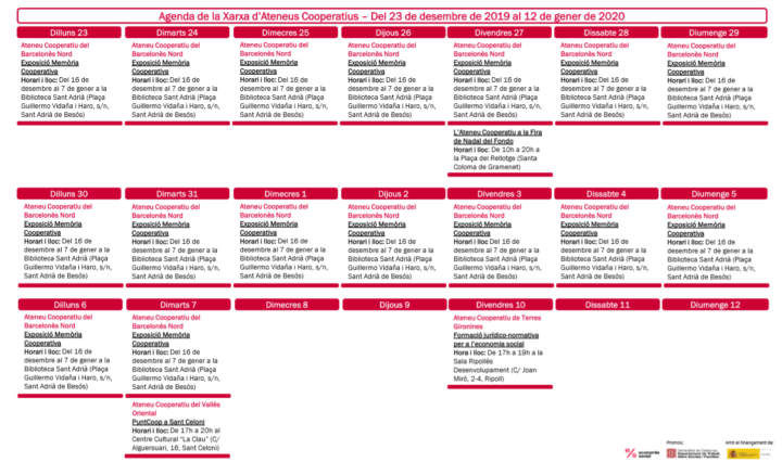 Agenda XAC Del 23 de desembre de 2019 al 12 de gener de 2020